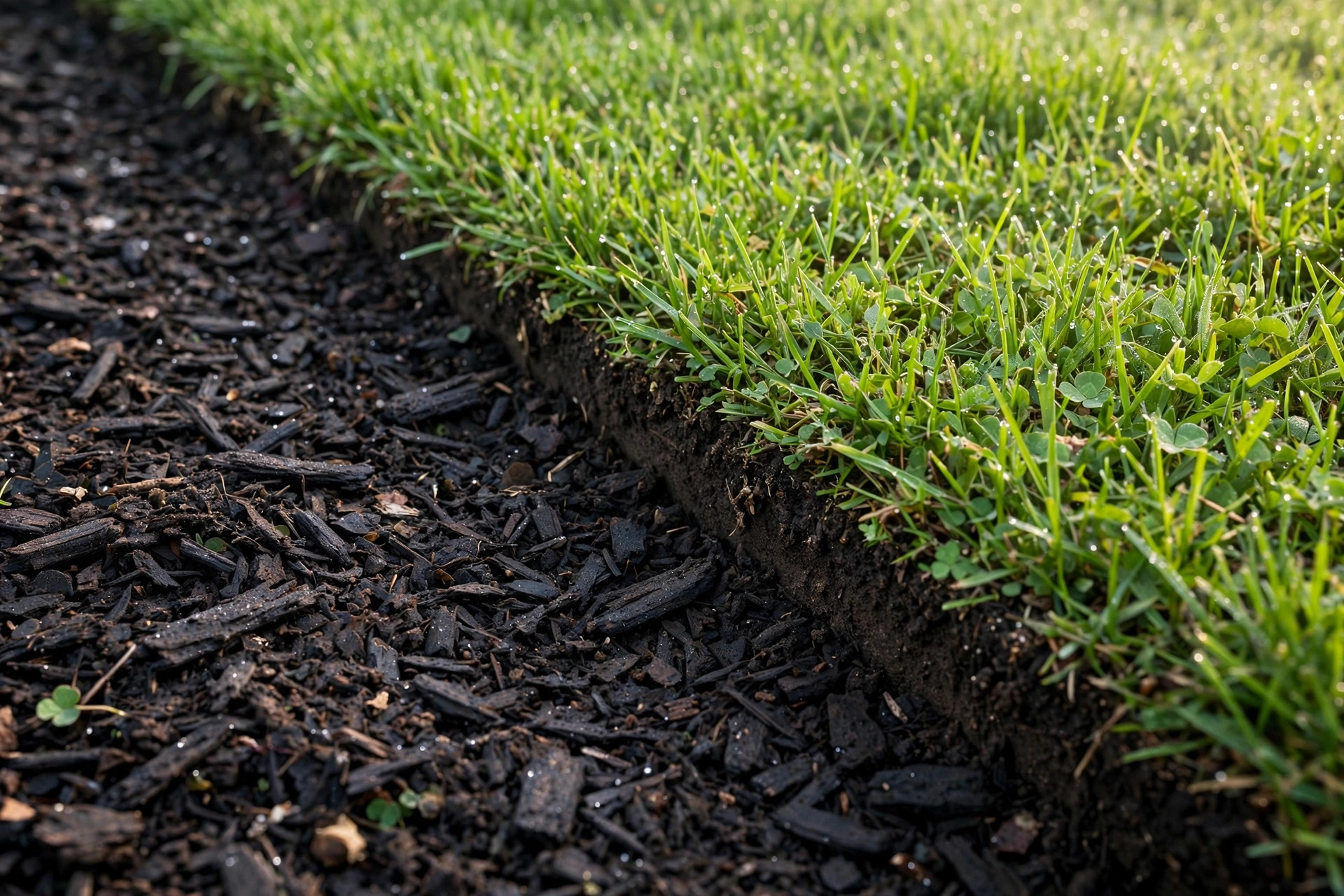 Crisp mulched bed edge against a green lawn
