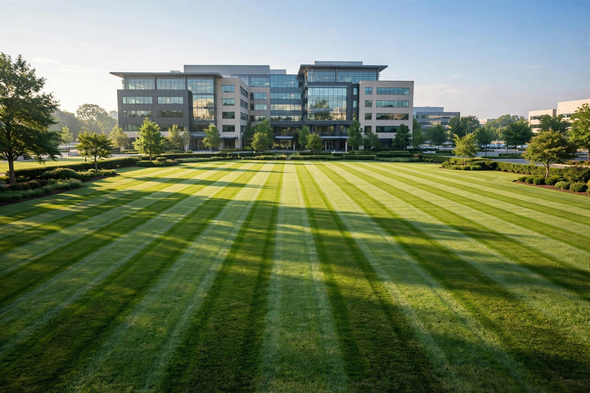Commercial lawn with clean mow stripes